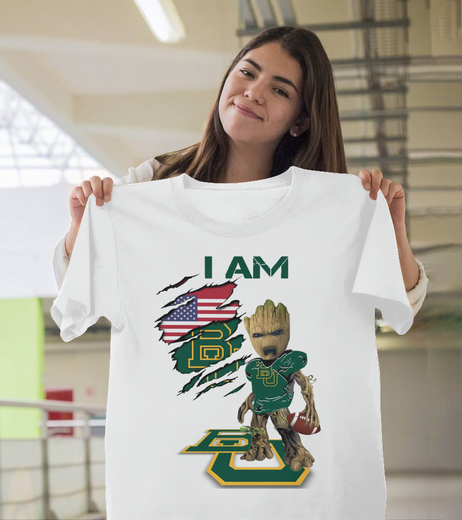 I Am Baylor Baby Groot Football Usa Flag T-Shirt