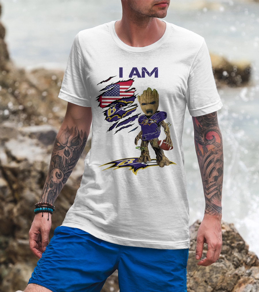I Am Baby Groot Baltimore Ravens American Flag Football T-Shirt
