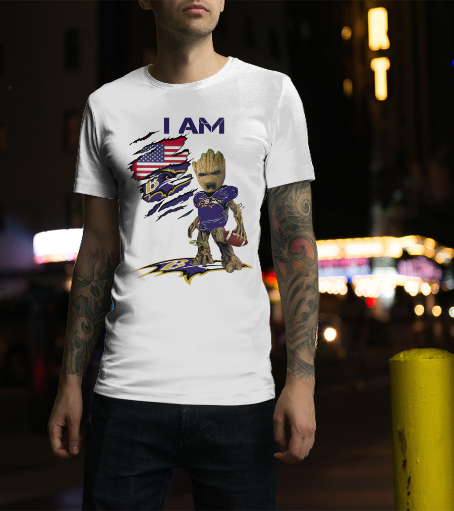 I Am Baby Groot Baltimore Ravens American Flag Football T-Shirt