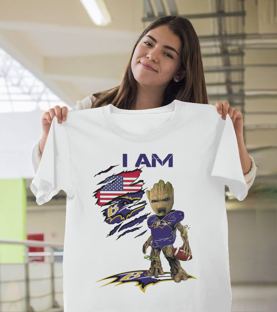 I Am Baby Groot Baltimore Ravens American Flag Football T-Shirt