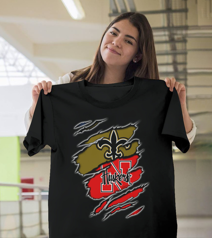 Huskers N Logo And Fleur-de-Lis Saints Logo Claw T-Shirt