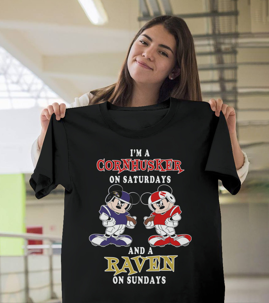 I'm A Cornhusker On Saturdays And A Raven On Sundays With Football Mickey Characters T-Shirt