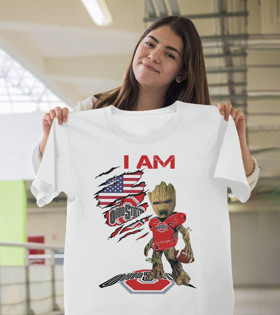 I Am Ohio State Baby Groot Football American Flag T-Shirt