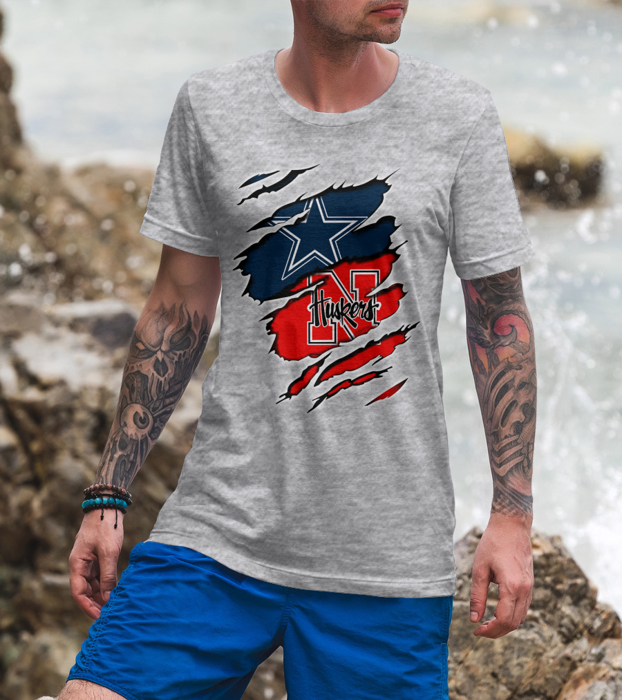 Cowboys Huskers Star Logo Red And Blue Tear T-Shirt