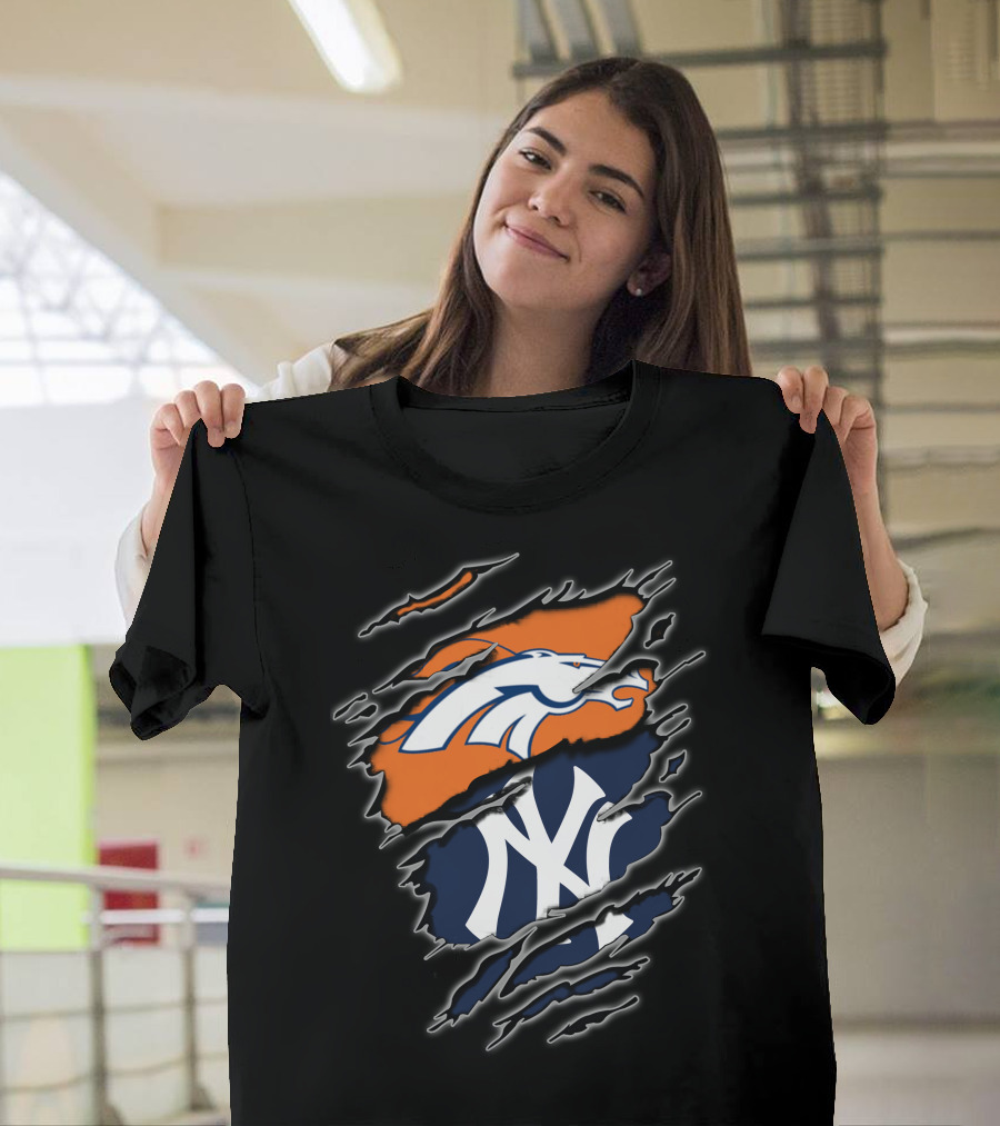 Broncos And Yankees Combined Logos On Torn T-Shirt