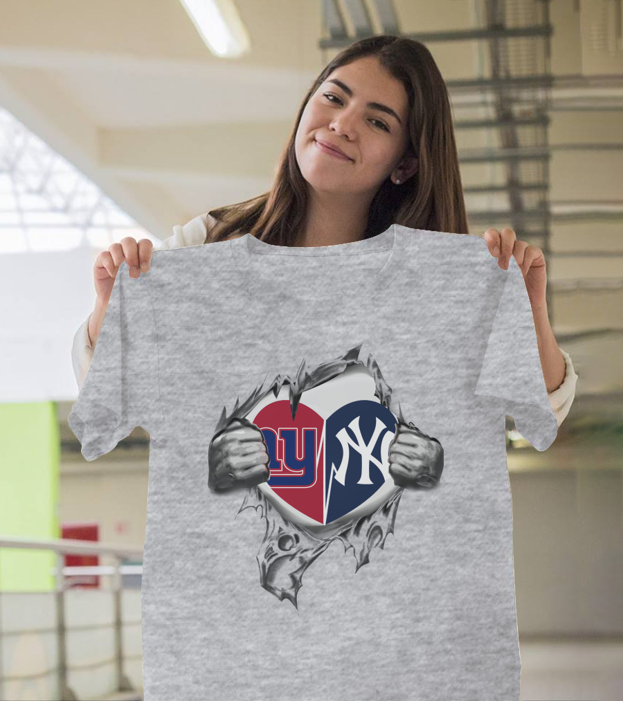 NY Giants Yankees Heart Torn Split T-Shirt