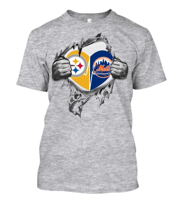 Steelers Mets Heart Design With Torn Metal Hands Displaying T-Shirt
