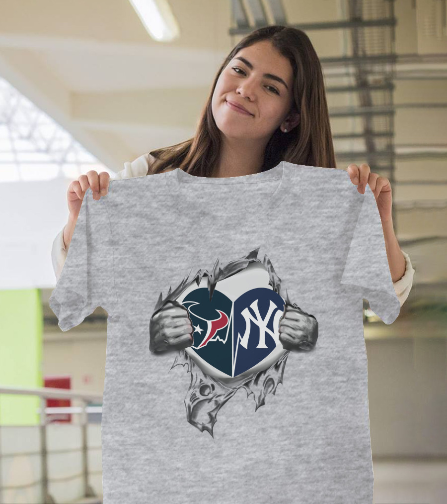 Texans Yankees NFL And MLB Split Heart T-Shirt