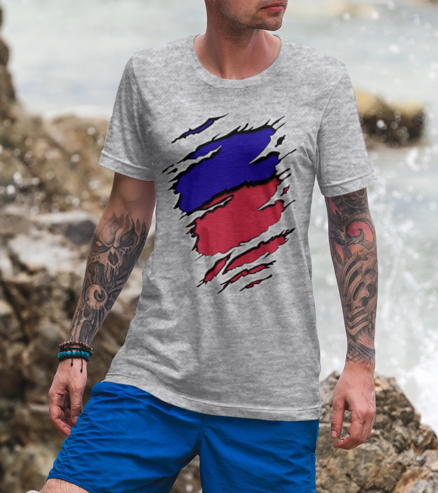 Ao Rach Two-Tone Distressed Blue Red Scratches T-Shirt