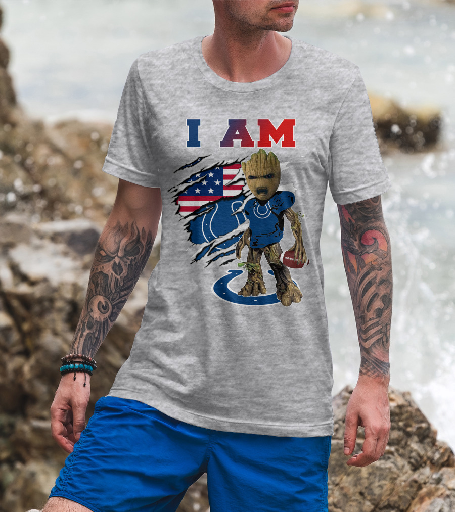 I Am Groot Colts Nfl Football American Flag Guardians Of The Galaxy T-Shirt