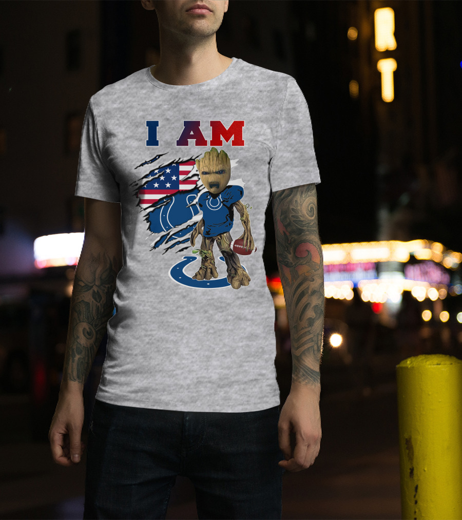 I Am Groot Colts Nfl Football American Flag Guardians Of The Galaxy T-Shirt