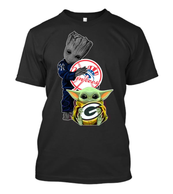 Yankees Baby Groot And Packers Baby Yoda Crossover T-Shirt