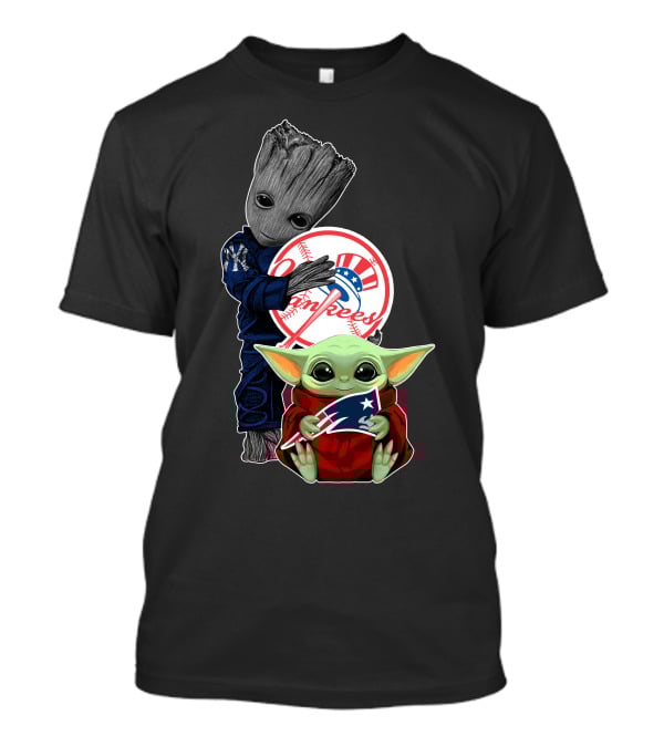 Groot And Baby Yoda With Yankees And Patriots Elements T-Shirt