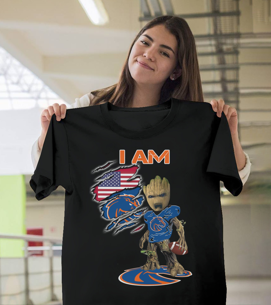 I Am Boise State Broncos Baby Groot Football American Flag T-Shirt