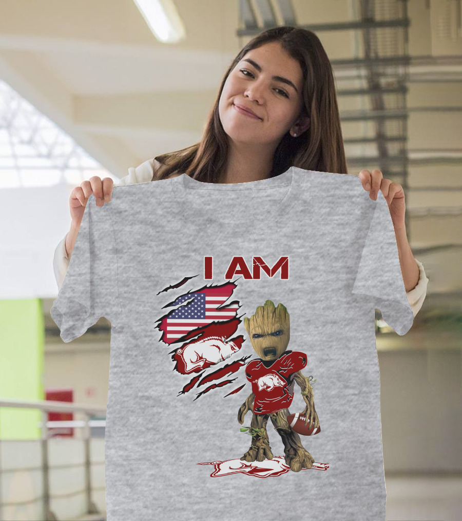 I Am Arkansas Baby Groot Razorbacks Football USA Flag T-Shirt