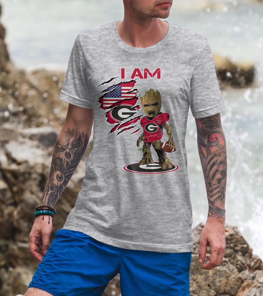 I AM Bulldogs Baby Groot Football Fan USA Flag T-Shirt