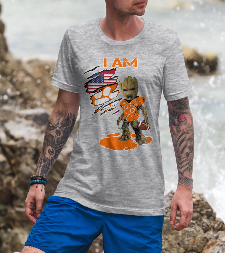 I AM Clemsons Baby Groot American Flag Football Paw Prints T-Shirt