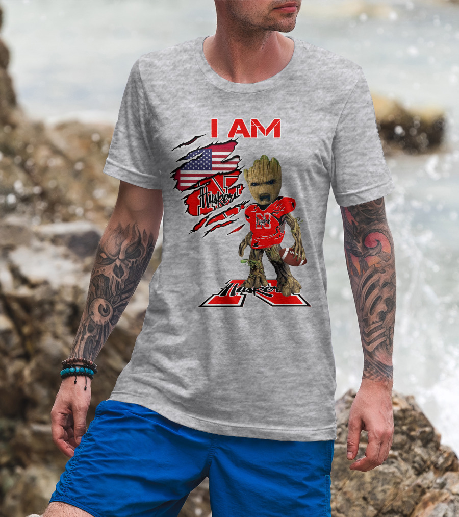I Am Husker Baby Groot Football USA Flag T-Shirt