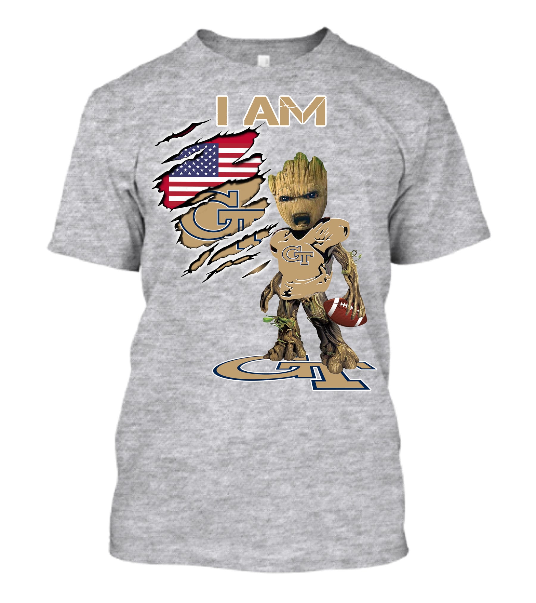 I Am Georgia Tech GT Baby Groot American Flag Football T-Shirt