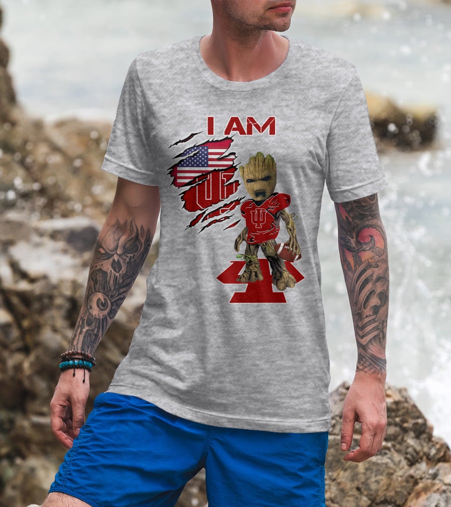 I Am Iu Hoosiers Baby Groot American Flag Football T-Shirt