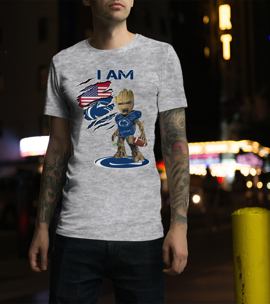I Am Penn State Baby Groot American Flag Football T-Shirt