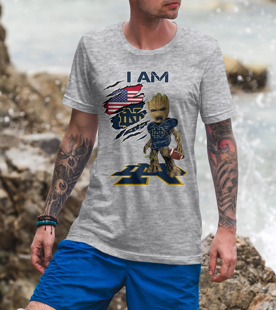 I Am Notre Dame Baby Groot American Flag Football T-Shirt