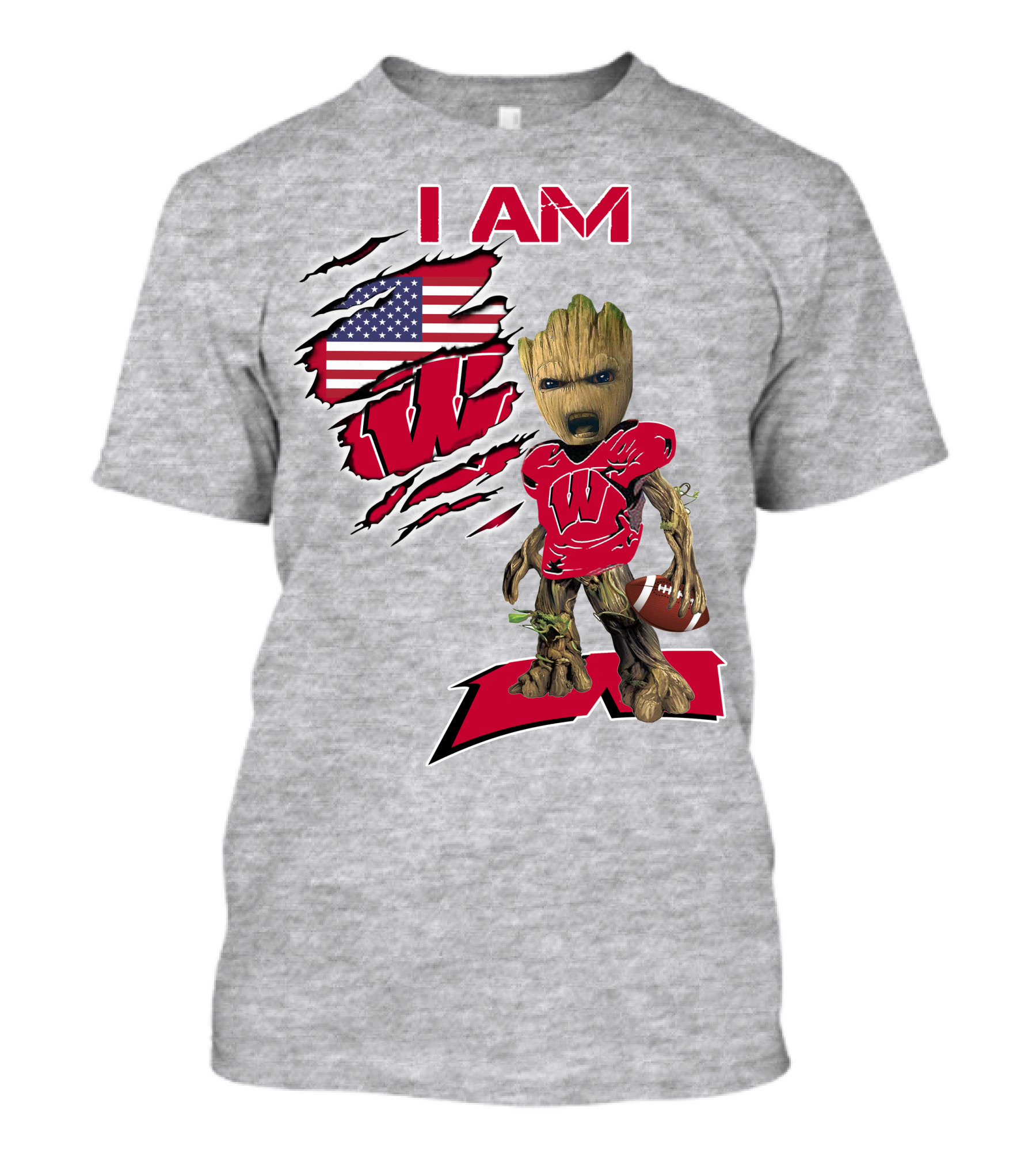 I Am Wisconsin Baby Groot Football W Logo American Flag T-Shirt