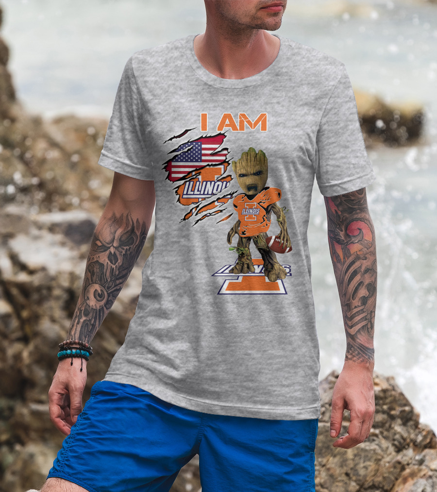 I AM Illinois Baby Groot Football American Flag T-Shirt