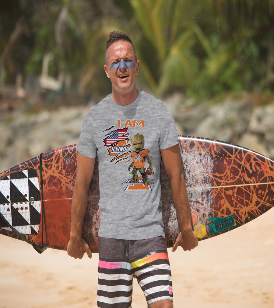 I AM Illinois Baby Groot Football American Flag T-Shirt