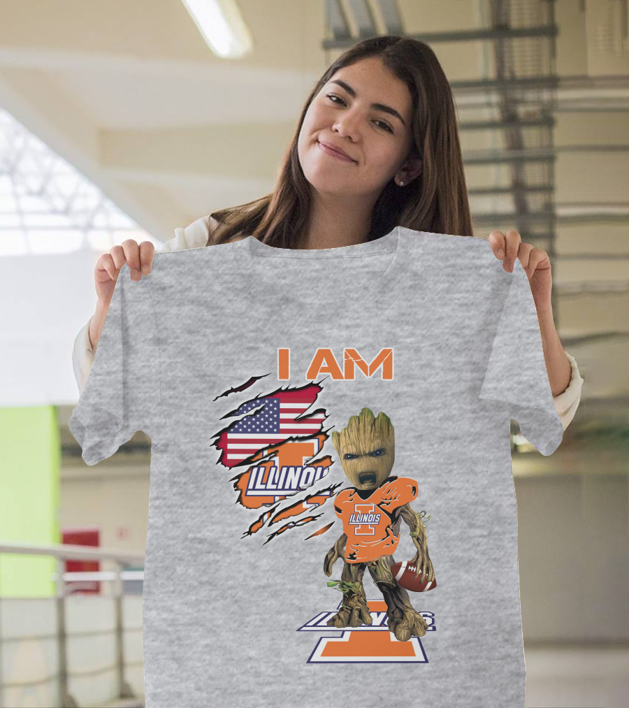 I AM Illinois Baby Groot Football American Flag T-Shirt