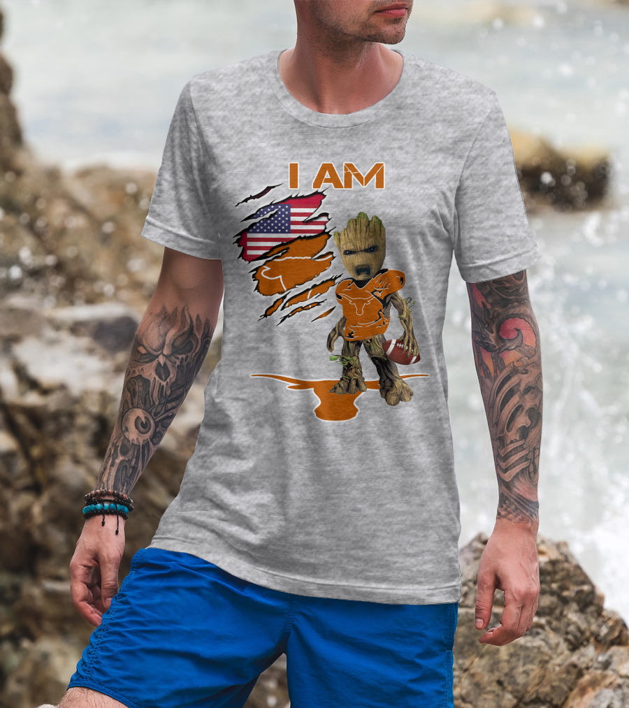 I AM Longhorn Baby Groot Football USA Flag T-Shirt