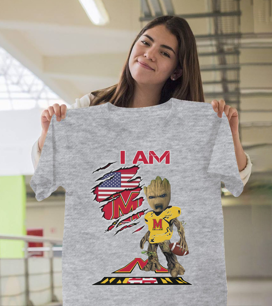 I AM Baby Groot Maryland Football American Flag M T-Shirt