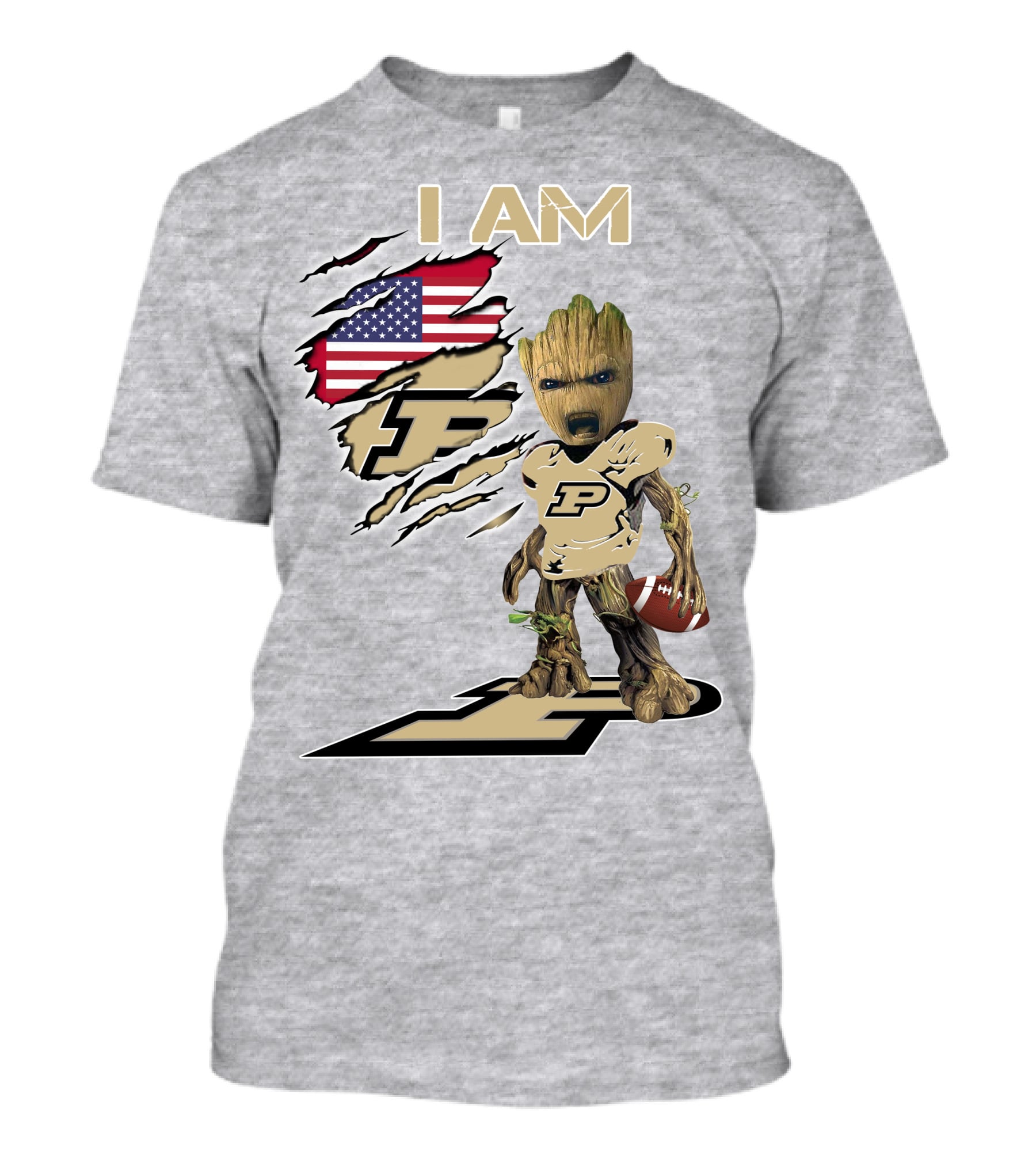 I AM Purdue Baby Groot Football American Flag P T-Shirt