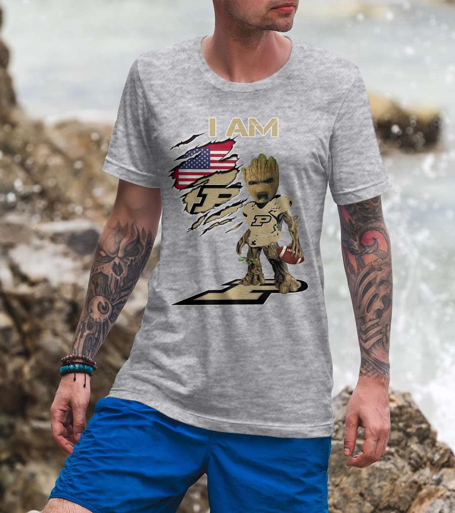 I AM Purdue Baby Groot Football American Flag P T-Shirt