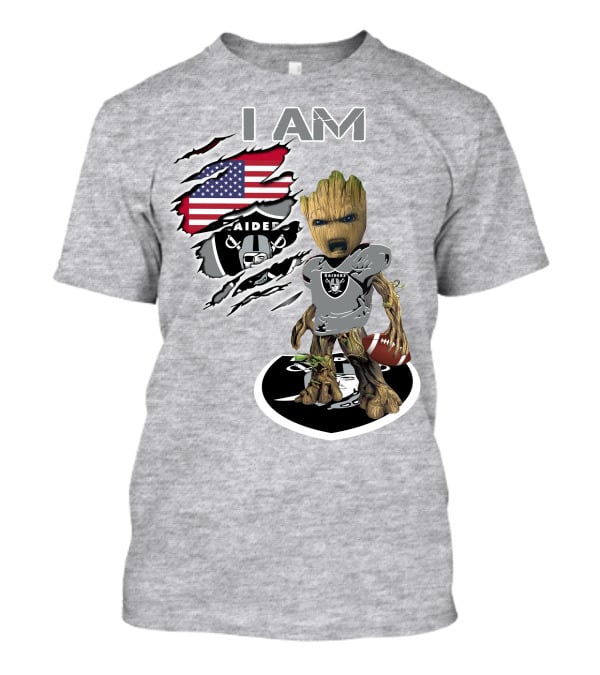 I Am Raiders Baby Groot American Flag Football T-Shirt