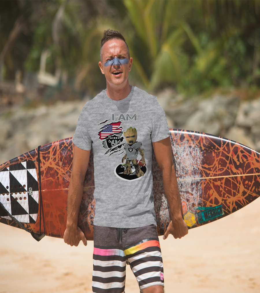 I Am Raiders Baby Groot American Flag Football T-Shirt