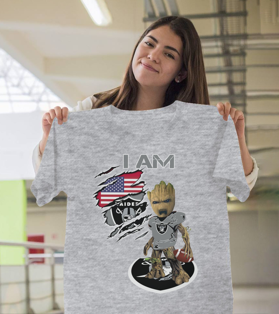 I Am Raiders Baby Groot American Flag Football T-Shirt