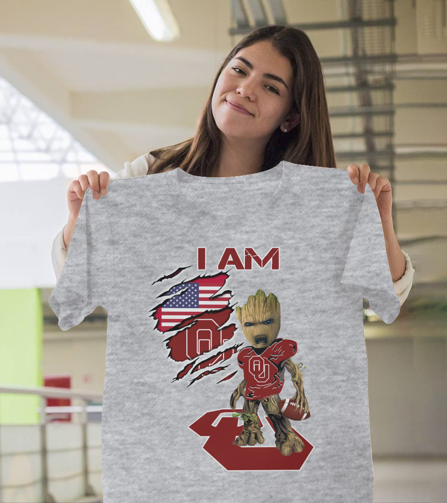 I Am Baby Groot OU Sooners Football USA Flag T-Shirt