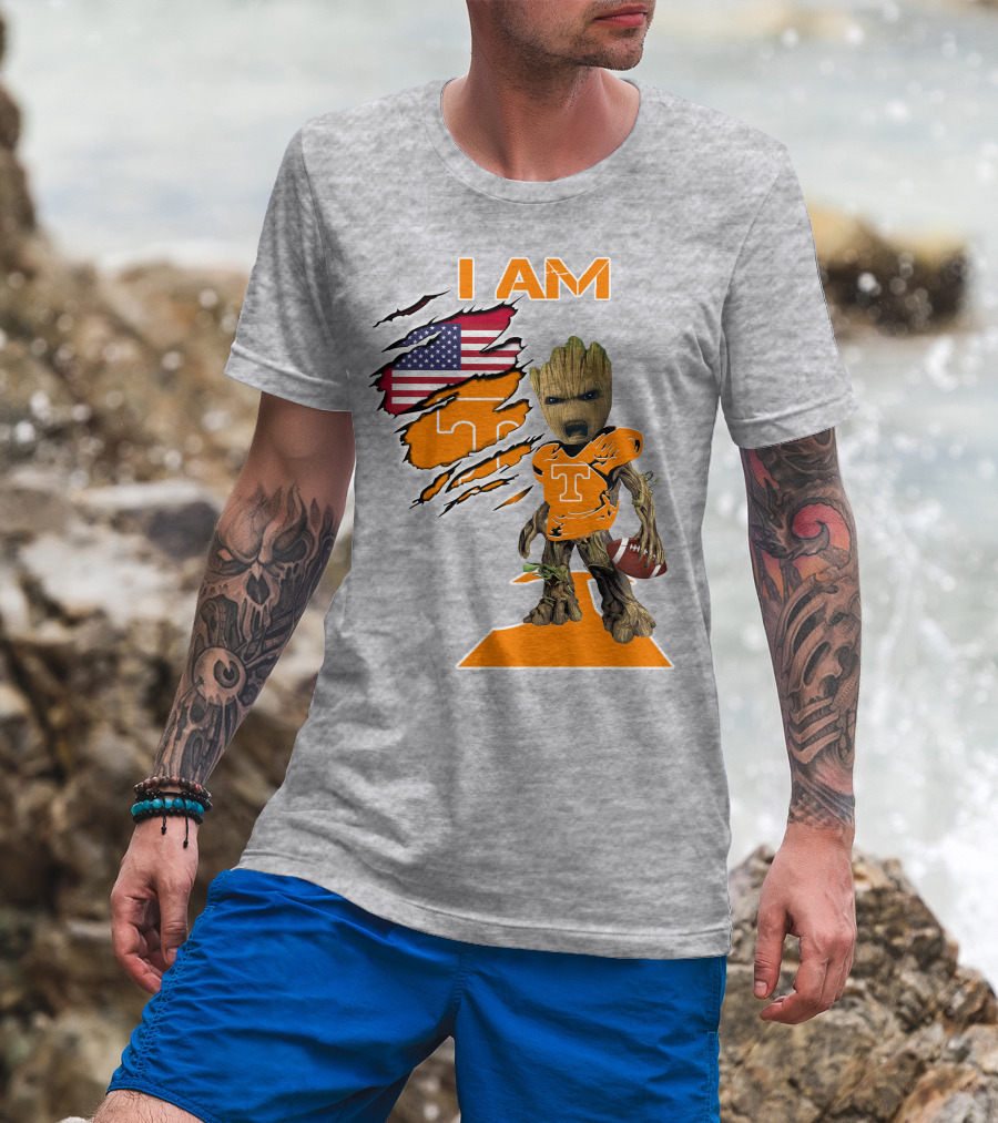 I AM Tennessee Baby Groot Football American Flag T-Shirt