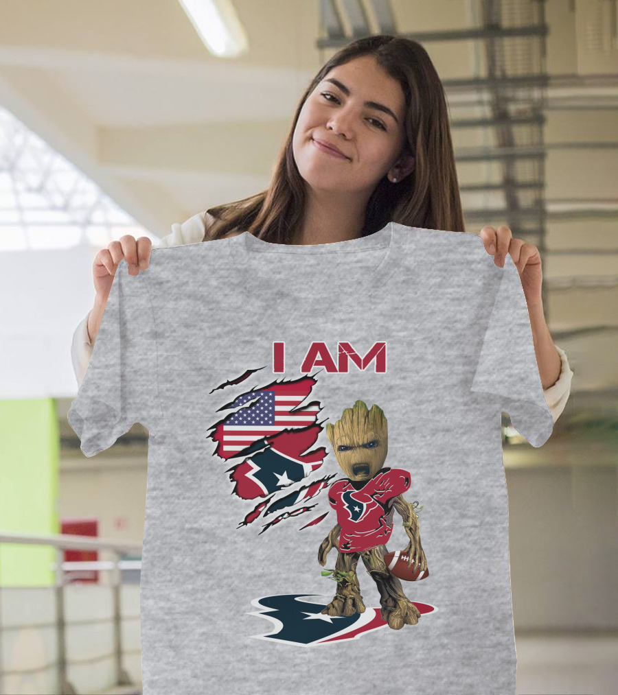 I Am Texans Baby Groot Football Usa Flag T-Shirt