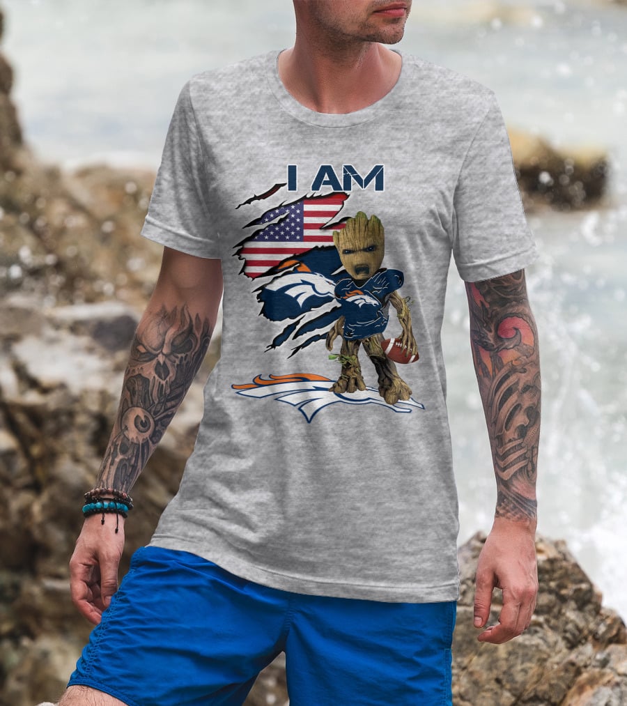 I Am Broncos Baby Groot American Flag Football T-Shirt