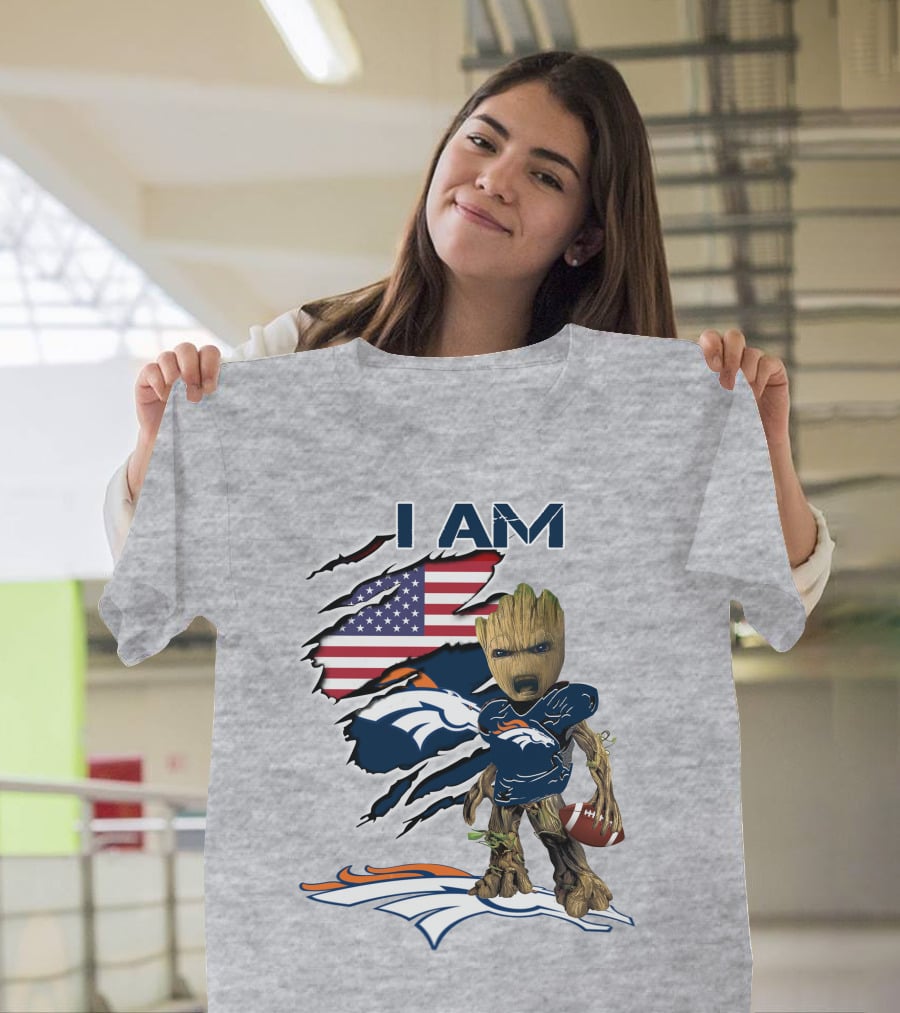 I Am Broncos Baby Groot American Flag Football T-Shirt