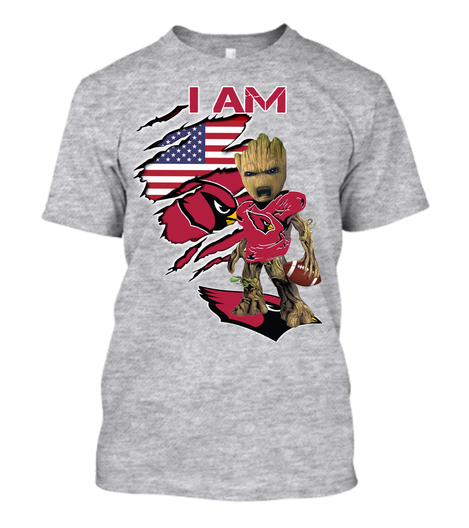 I Am Cardinals Baby Groot American Flag Football T-Shirt