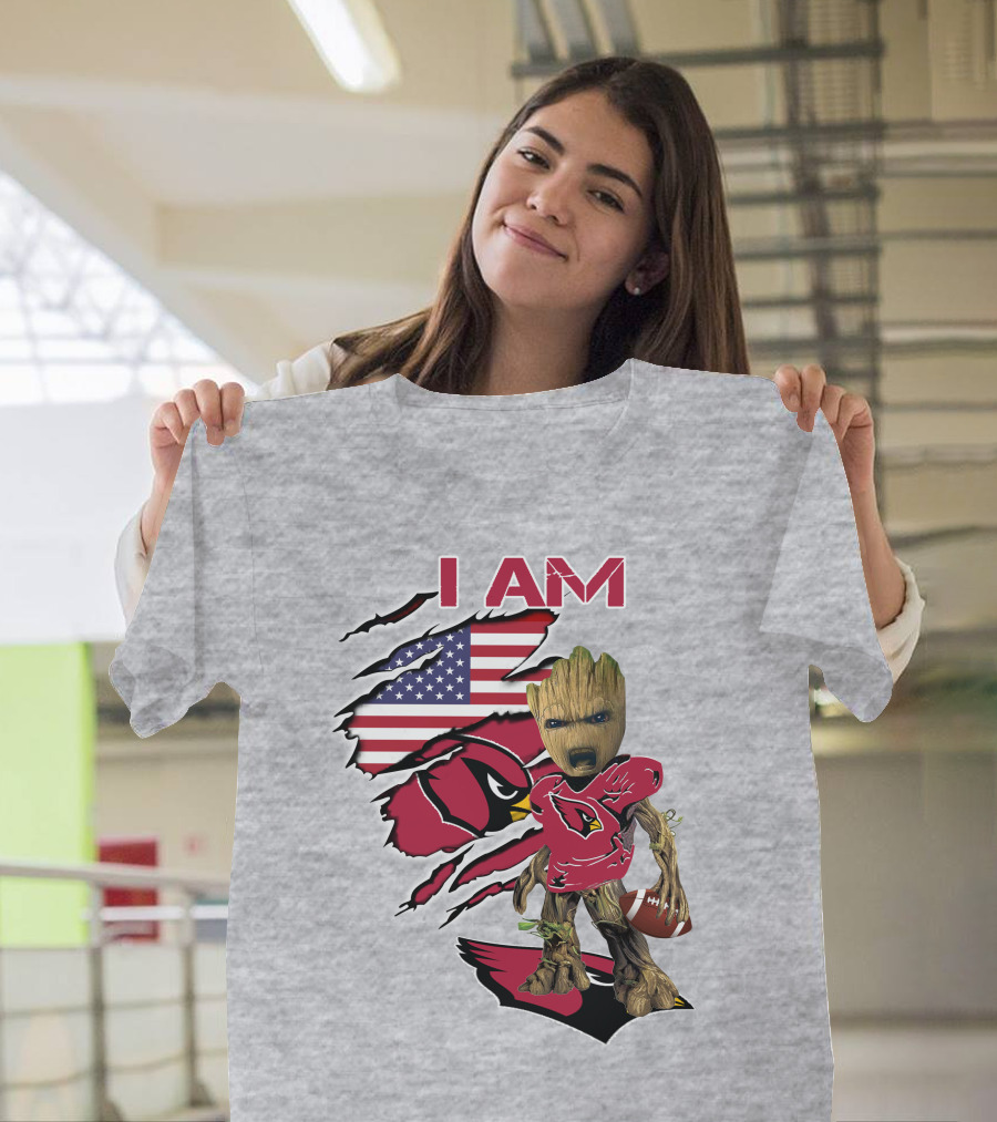 I Am Cardinals Baby Groot American Flag Football T-Shirt