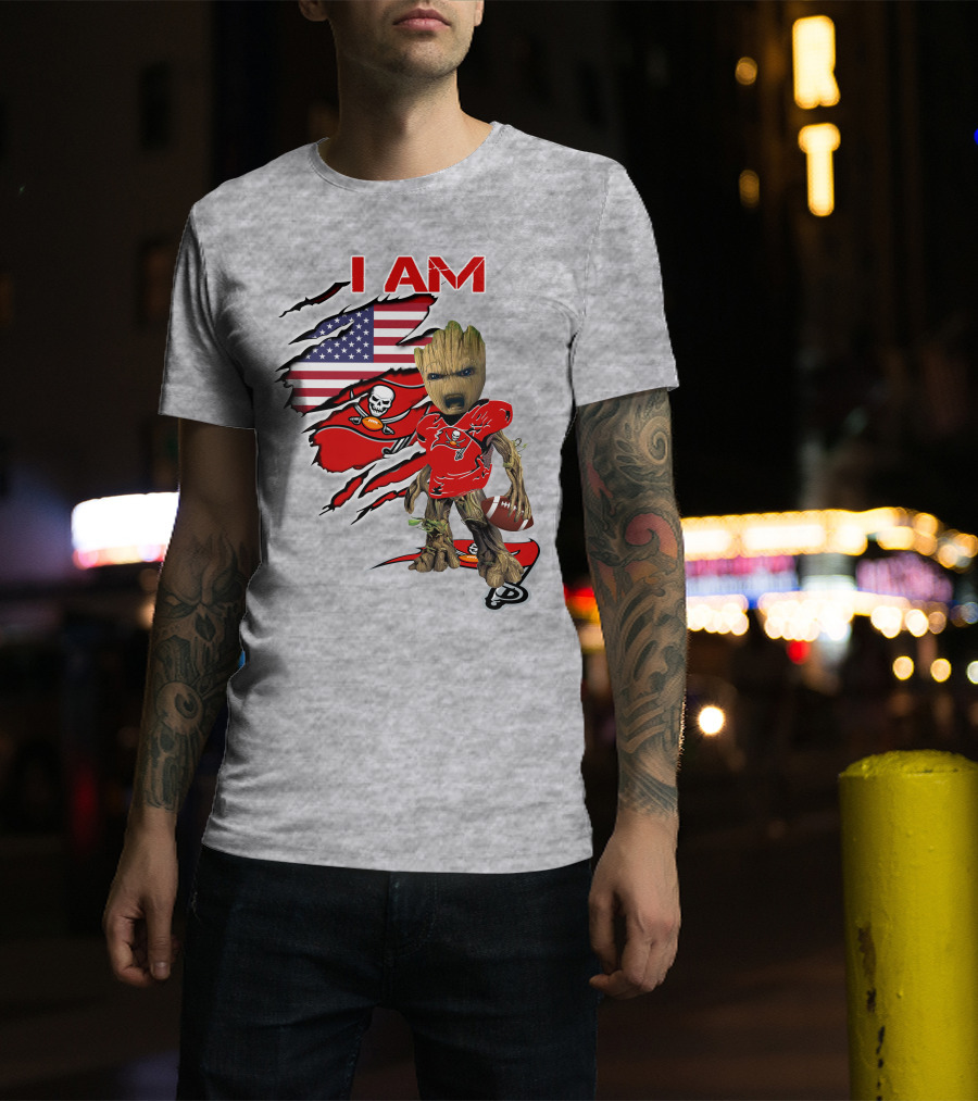 I Am Buc Baby Groot American Flag Football Buccaneers T-Shirt