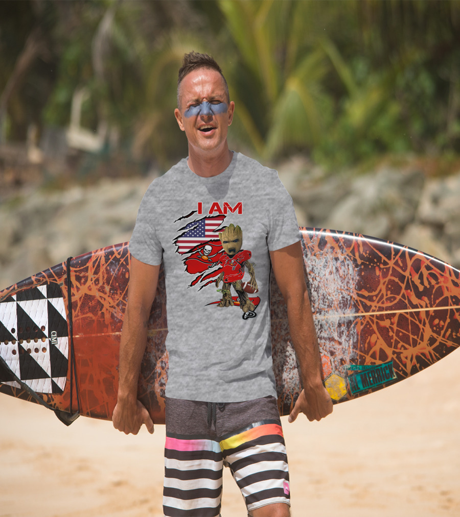 I Am Buc Baby Groot American Flag Football Buccaneers T-Shirt