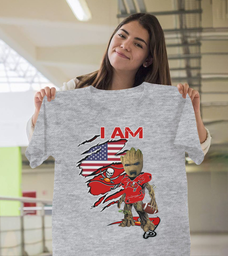 I Am Buc Baby Groot American Flag Football Buccaneers T-Shirt