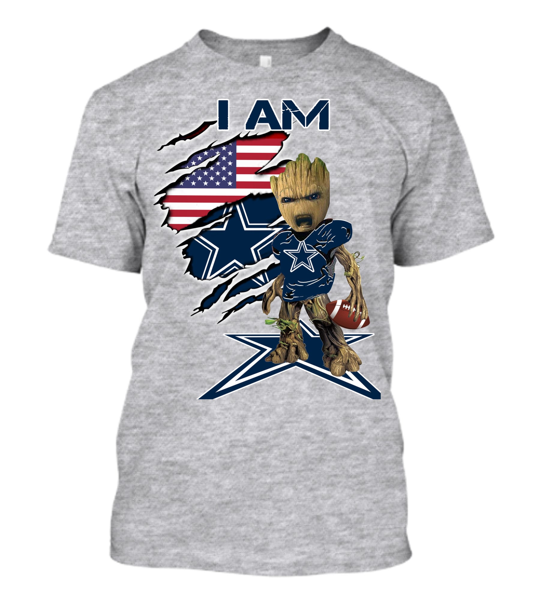 I Am Baby Groot Cowboys Fan With American Flag And Football T-Shirt