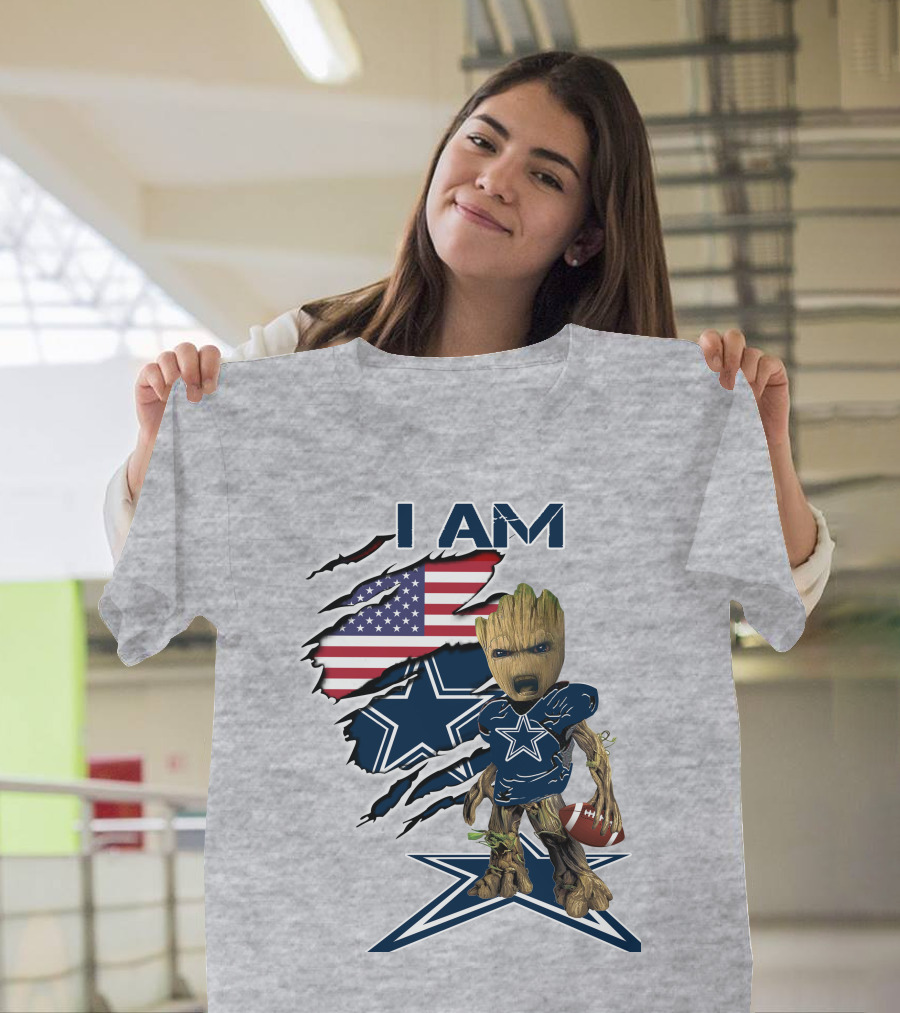 I Am Baby Groot Cowboys Fan With American Flag And Football T-Shirt
