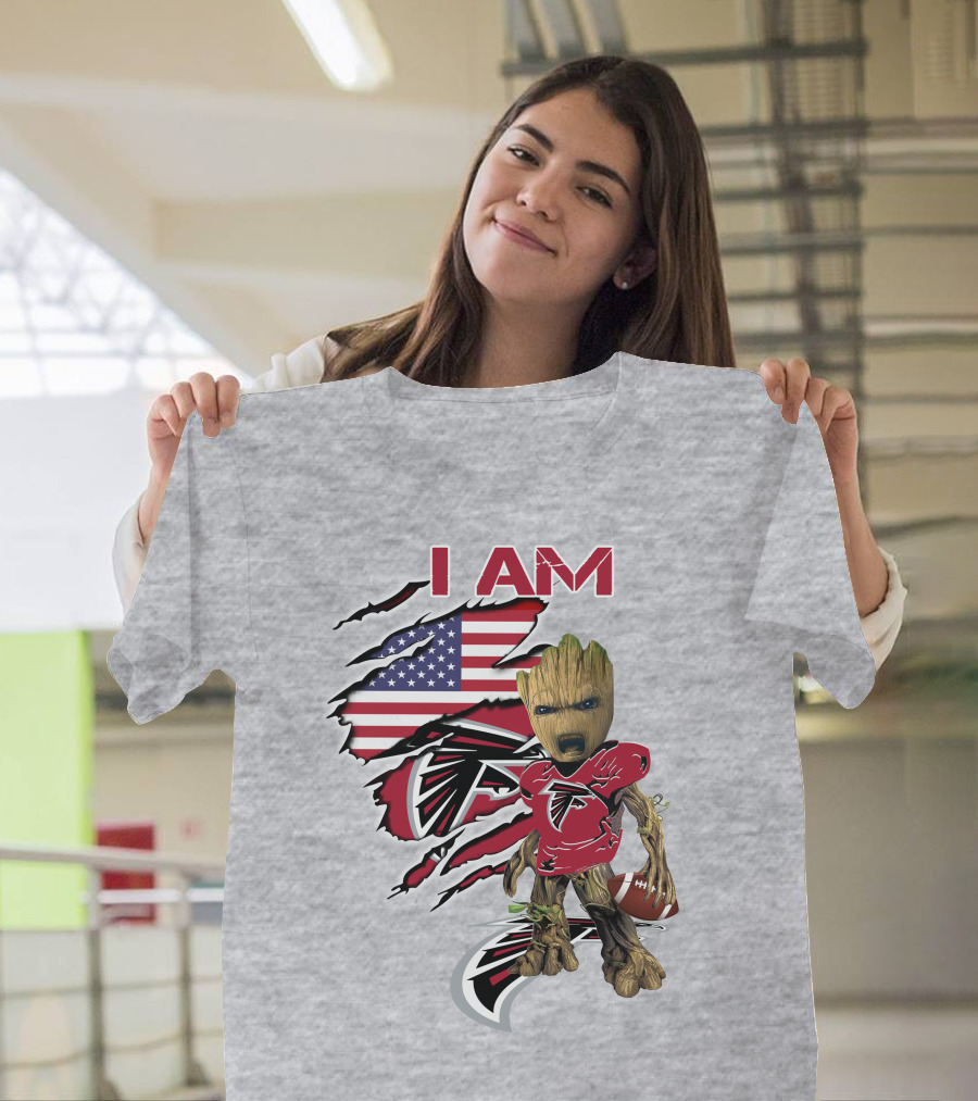 I Am Falcons Baby Groot Usa Flag Football T-Shirt
